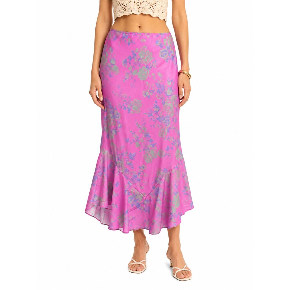 Free People Everythings Rosie Flare Midi Skirt Sz 8 Pink Floral Polyester Satin